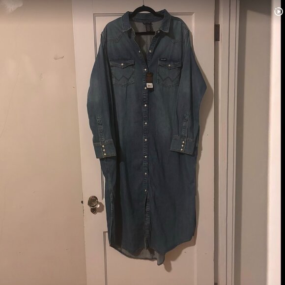 Wrangler Retro NWT Long Sleeve Denim Shirt Dress Midi Pearl Snap Western - Picture 3 of 5